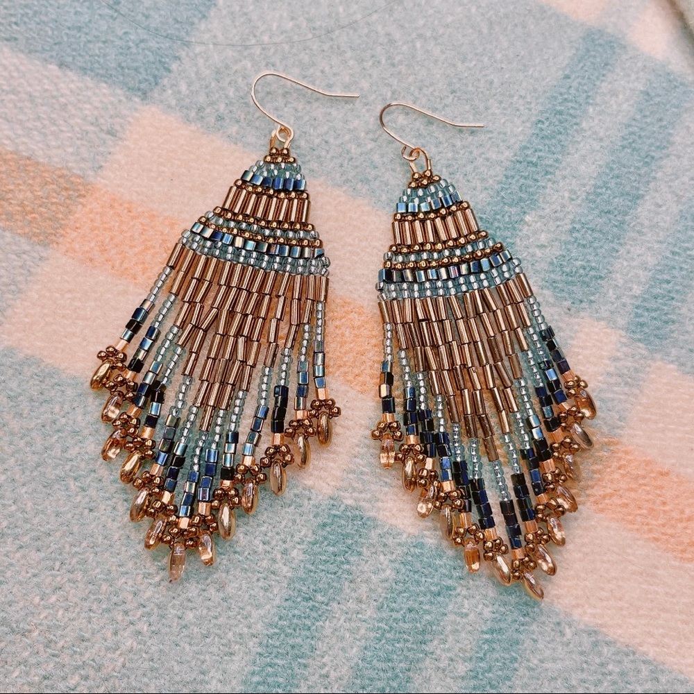 Beaded fringe earrings, new, light teal and bronze boho beaded earrings.